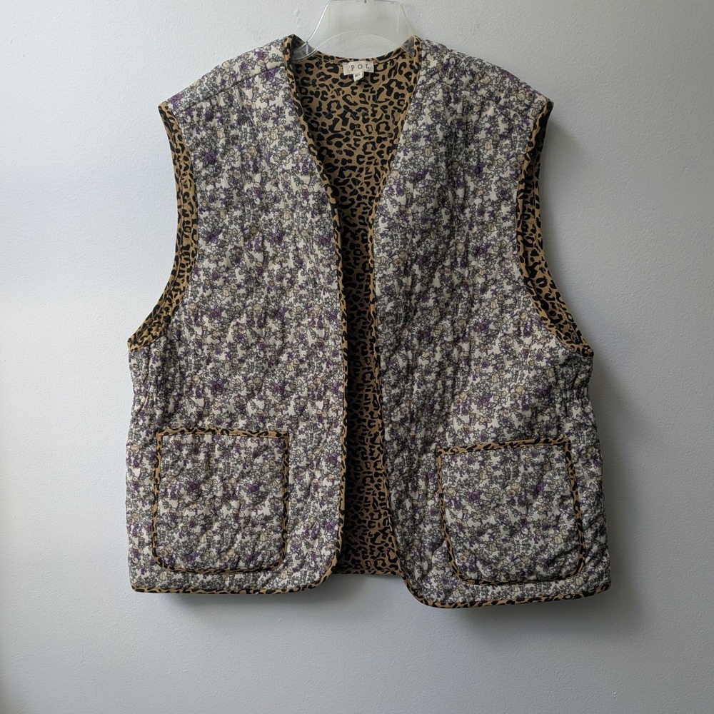 POL Quilted Vest Purple Floral Leopard Corduroy Sz M/L Oversized Mixed Print